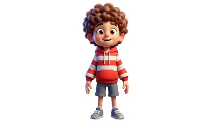 A cheerful cartoon boy with curly hair wearing a red and white striped hoodie on transparent background