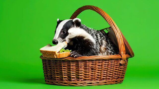 Badger in a Basket Enjoying a Sandwich on Green Background.