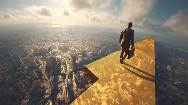 Businessman Walking on Golden Arrow Path Over Sunny City