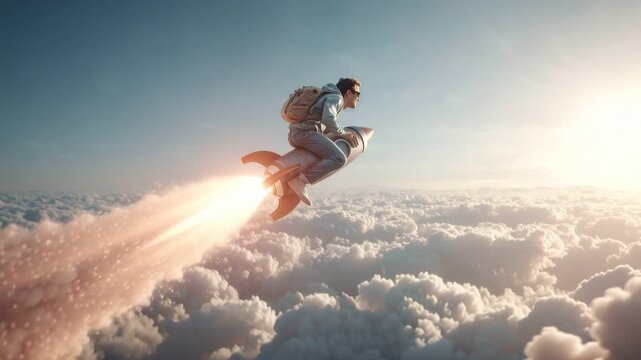 Happy Man Riding Rocket Ship Through Clouds to Success