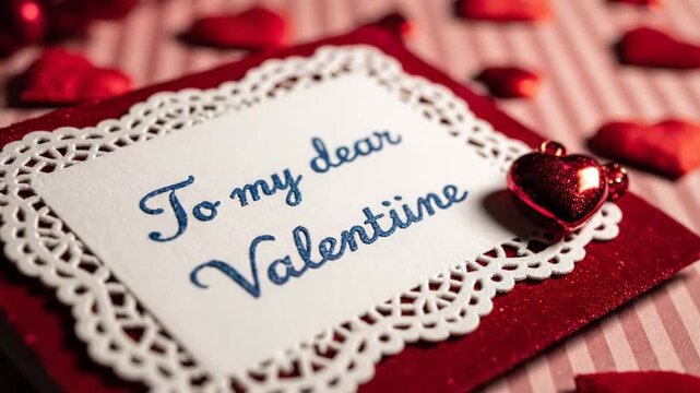 Valentines day card with red hearts and doily on red background