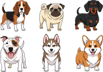 Vector Cartoon Dog Breed Character Set Featuring Beagle Pug Dachshund Pitbull Husky and Corgi Puppies for Pet Shop Branding and Veterinary Mascot Design