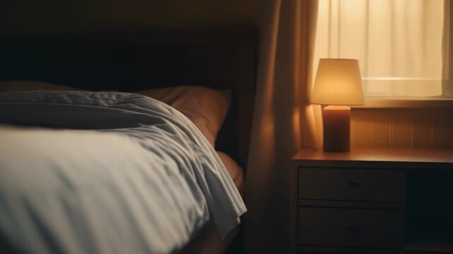 Lit lamp sitting on a bedside table in a cozy bedroom, with soft morning light filtering through the window curtains, creating a tranquil and comfortable atmosphere