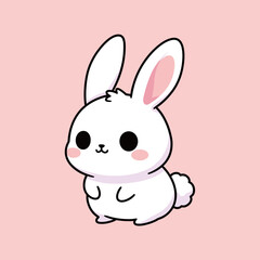 Obraz premium Adorable white baby bunny rabbit character sitting on pink background, cute kawaii animal mascot vector illustration for children and easter greeting cards