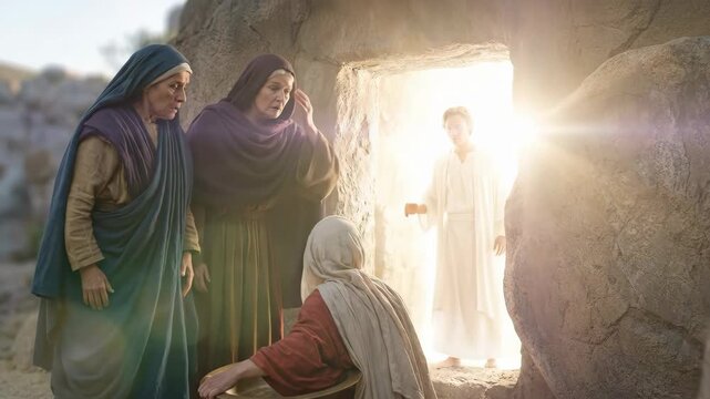 Women discover an empty tomb with an angel in radiant light, biblical scene for Easter and religious devotion