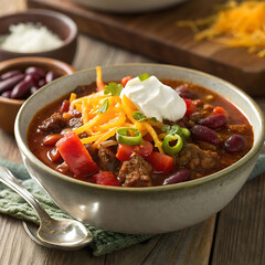 Hearty bowl of chili con carne with toppings