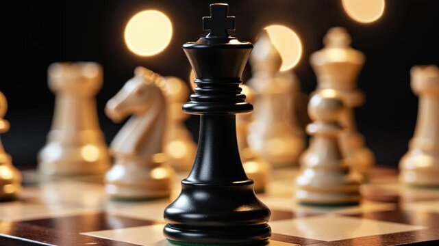 Black king chess piece on board with blurred pawns and warm bokeh lights in background, symbolizing leadership and strategy in business