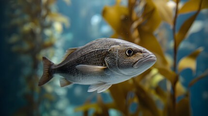 A single marine fish swims gracefully near blurred golden kelp in a clear blue underwater environment