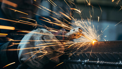 Industrial worker welding metal with sparks flying.