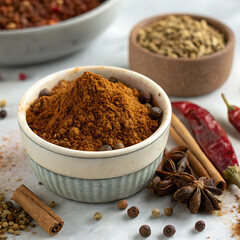 Spice blends and aromatics on white surface