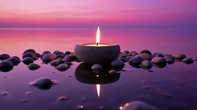 Burning candle in stone bowl creates peaceful ambiance with purple pink sunset sky reflecting on calm water surface surrounded by smooth pebbles for meditation