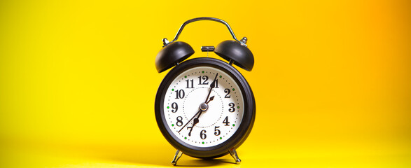 Black alarm clock on a yellow background. The concept of time management.