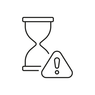 Hourglass With Warning Icon. Time Management, Deadline Alert, And Urgency Notification Outline Symbol. Task Prioritization And Efficiency. Editable Stroke. Isolated Vector Illustration