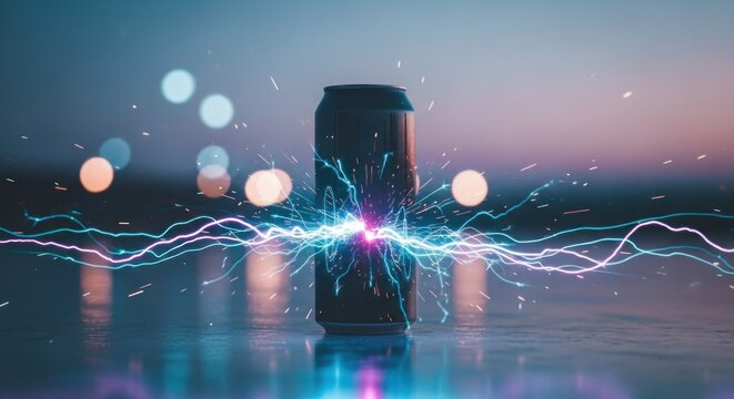 Can with lightning effect, glowing bright lights in the background blurred