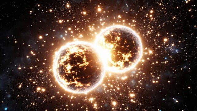 Two glowing spherical objects colliding with explosive energy burst, creating dramatic light effects and particle debris against dark cosmic background