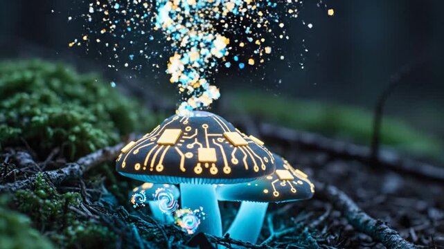 Bioluminescent mushroom-like device glows blue among mossy forest floor with sparkling circuitry now