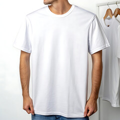 Man wearing a white short sleeved t shirt mockup