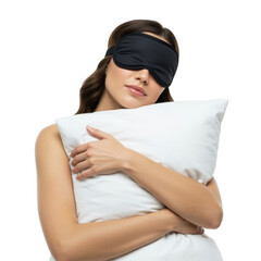 Woman holding white pillow with black sleep mask isolated on a transparent background