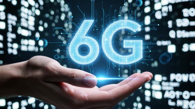 6G network infrastructure. Quantum communication. Holographic communication. Data Speed. A hand showcasing a digital 6G representation with light effects