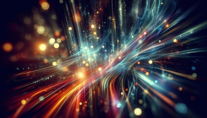 Fototapeta premium Abstract explosion of light trails and bokeh particles, vibrant energy flow in a dark, futuristic digital network space. 