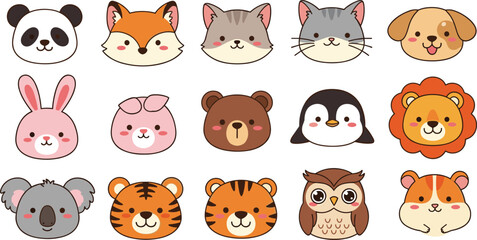 Obraz premium Cute cartoon animal face icons set, kawaii panda fox cat dog lion tiger owl vector illustration for kids