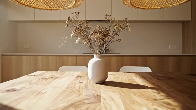 Modern dining table with chairs and pendant lights in kitchen