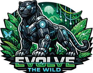 Obraz premium Cyborg panther evolves in futuristic jungle with circuitry and leaves