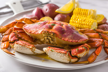High Angle Professional Food Photography of Whole Crab with Potatoes and Corn on White Plate