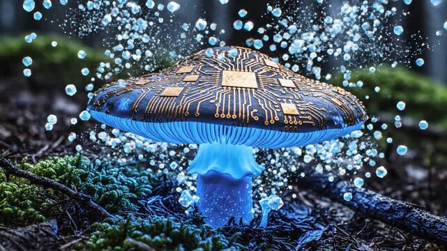 Blue bioluminescent mushroom glows atop mossy forest floor, droplets arc around at night under dew