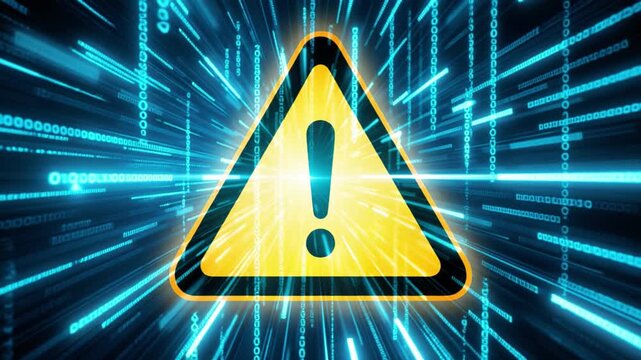 Malware prevention software network. A digital warning sign with an exclamation mark appears amidst fast-moving binary code and data streams
