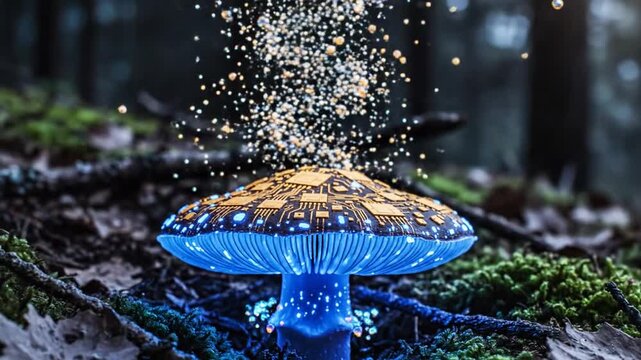 Bioluminescent blue mushroom with circuit-like gold patterns grows on mossy forest floor, particles
