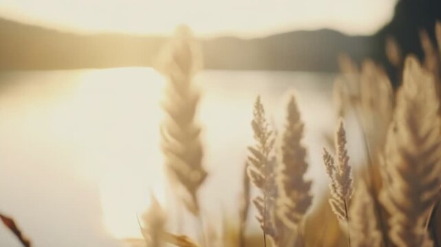 Pampas grass plumes standing tall along a tranquil lakeside, glowing warmly in the soft, golden light of a calm sunset, creating a serene and peaceful outdoor scene