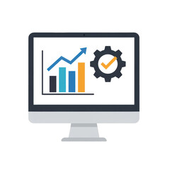 Computer screen displaying bar chart and gear with checkmark isolated on a transparent background