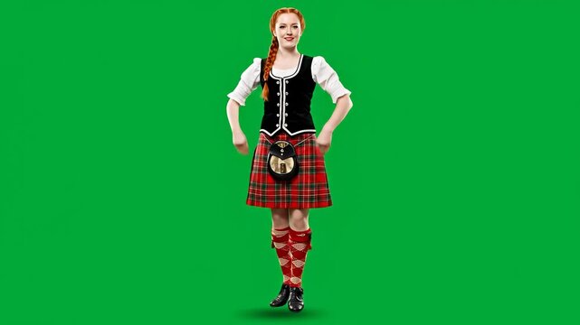 Scottish Highland Dancer in Traditional Attire Performing on Green Screen.