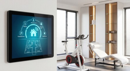 Naklejka premium Smart Home Control Panel with Home Gym Background - IoT Automation Technology Concept 