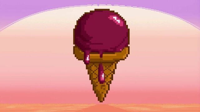 Cute pixel art ice cream cone animation with vibrant colors, retro game style, ideal for summer themes and casual games.