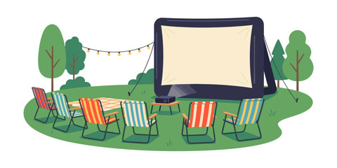 Backyard outdoor cinema setup with inflatable screen