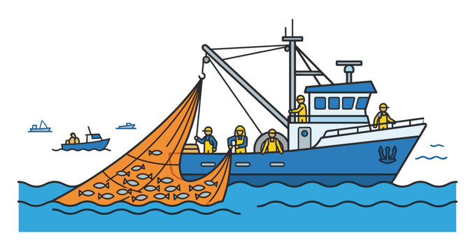Commercial fishing boat pulling a large net full of fish