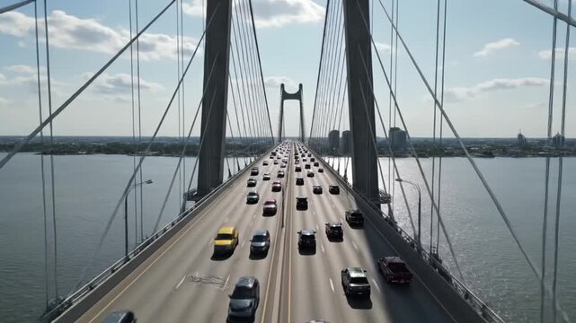 Busy Cable Stayed Bridge with Vehicles.