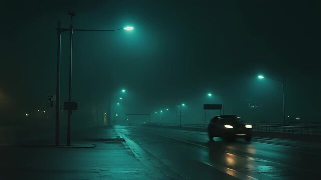 Foggy night on an empty urban road bathed in teal streetlights, wet asphalt reflecting dim headlights through the mist, evoking solitude and a mysterious, moody atmosphere