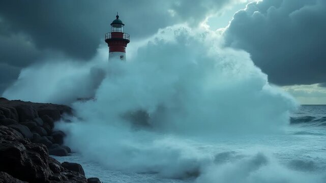 A steadfast lighthouse endures massive, dramatic waves crashing against the stone base during a fierce coastal storm under dark, menacing skies 
