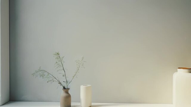Simple decorative items featuring delicate dried branches in a vase, a white cylindrical object, and a rectangular bottle, arranged against a light, textured wall with soft illumination