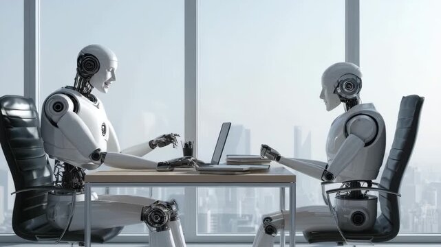 Humanoid robots working together at modern office desk