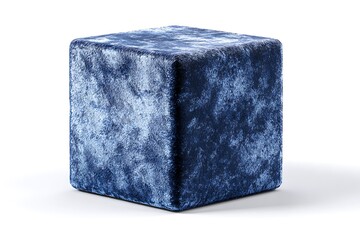 Blue velvet cube ottoman isolated on white background