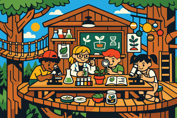 Obraz premium Children's Treehouse Science Lab Adventure Illustration