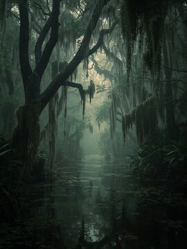 A misty swamp landscape features ancient cypress trees draped in atmospheric Spanish moss. The spooky bayou scene conveys mystery, nature, and wetland wilderness.