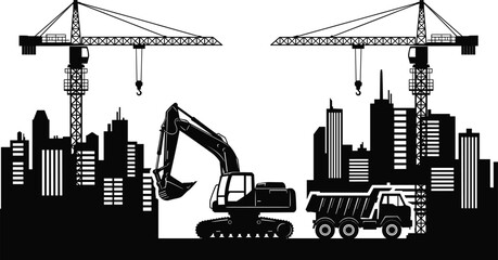 Urban construction site silhouette with tower cranes, excavator and dump truck, city skyline development, heavy machinery, building infrastructure, industrial construction concept illustration © Sophia Creatives