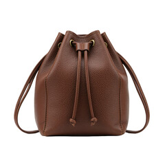 Brown leather drawstring bag with two straps isolated on a transparent background