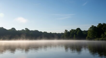 Obraz premium Serene Lake with Morning Fog and Trees.