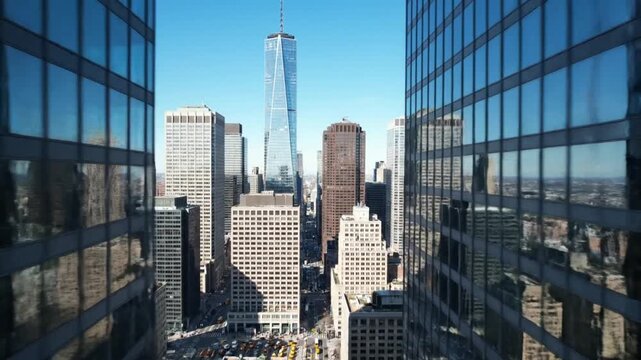 New York City Skyline with Skyscrapers and Clear Blue Sky.